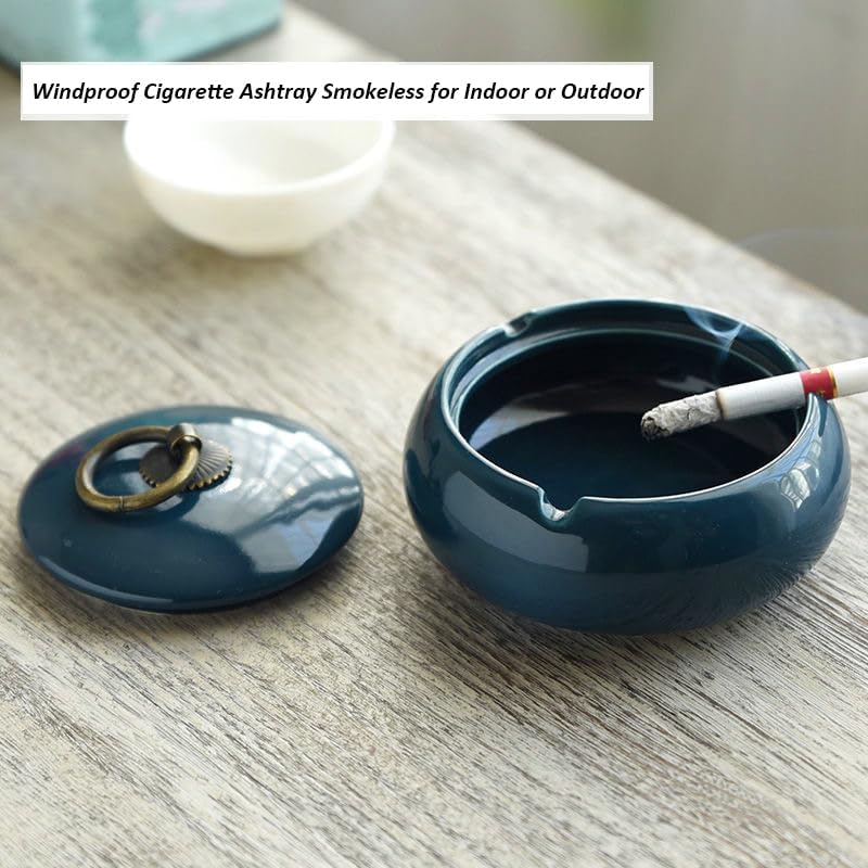 AZOFIA Handmade Ceramic Ashtray with Lids, Exquisite Pattern Ash Holder for Patio Desktop Office Smokers, Ash Tray for Indoor Tabletop Home Office Decor (Dark Blue, M-Size) - Image 2